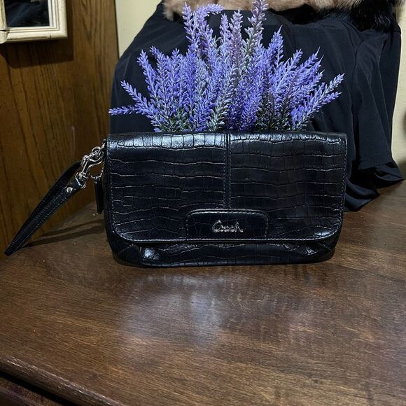 COACH CROC EMBOSSED LEATHER MINI PURSE/WRISTLET - Picture 1 of 5